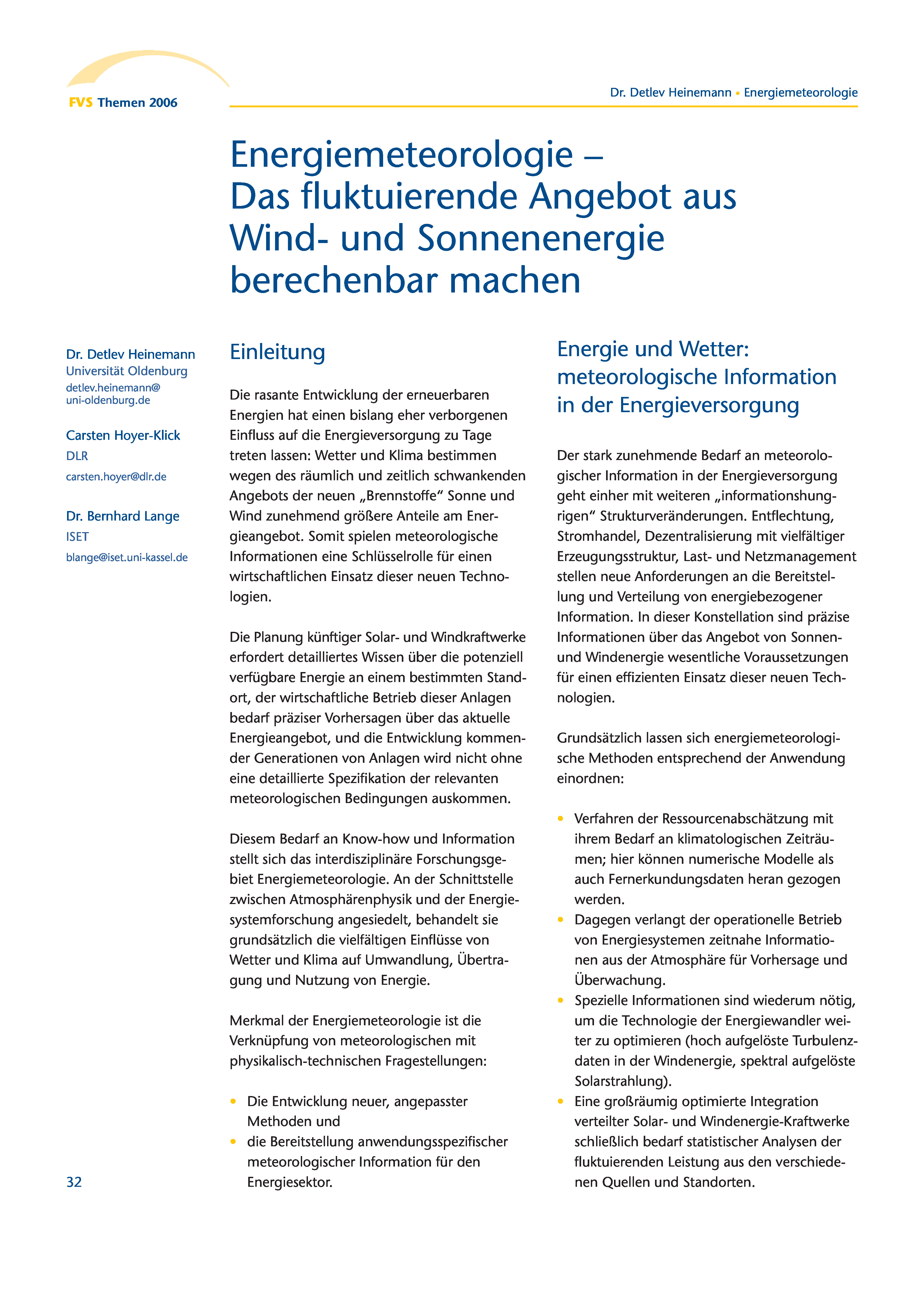 Themen 2006: Forschung und Innovation für eine nachhaltige Energieversorgung