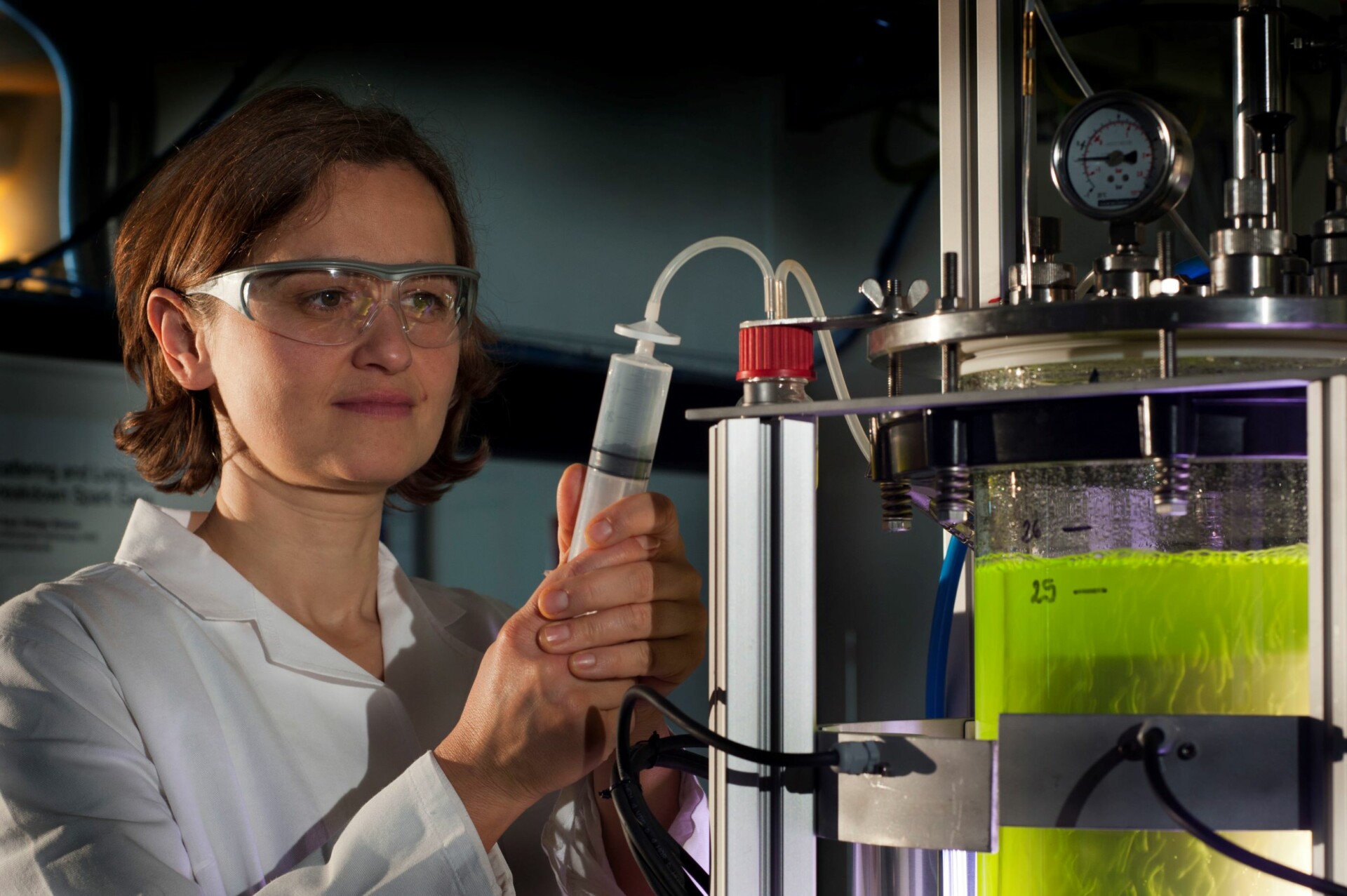 Grüne Energie aus Algen - Eine Wissenschaftlerin kontrolliert im Labor eine grüne Flüssigkeit in einem Glaszylinder