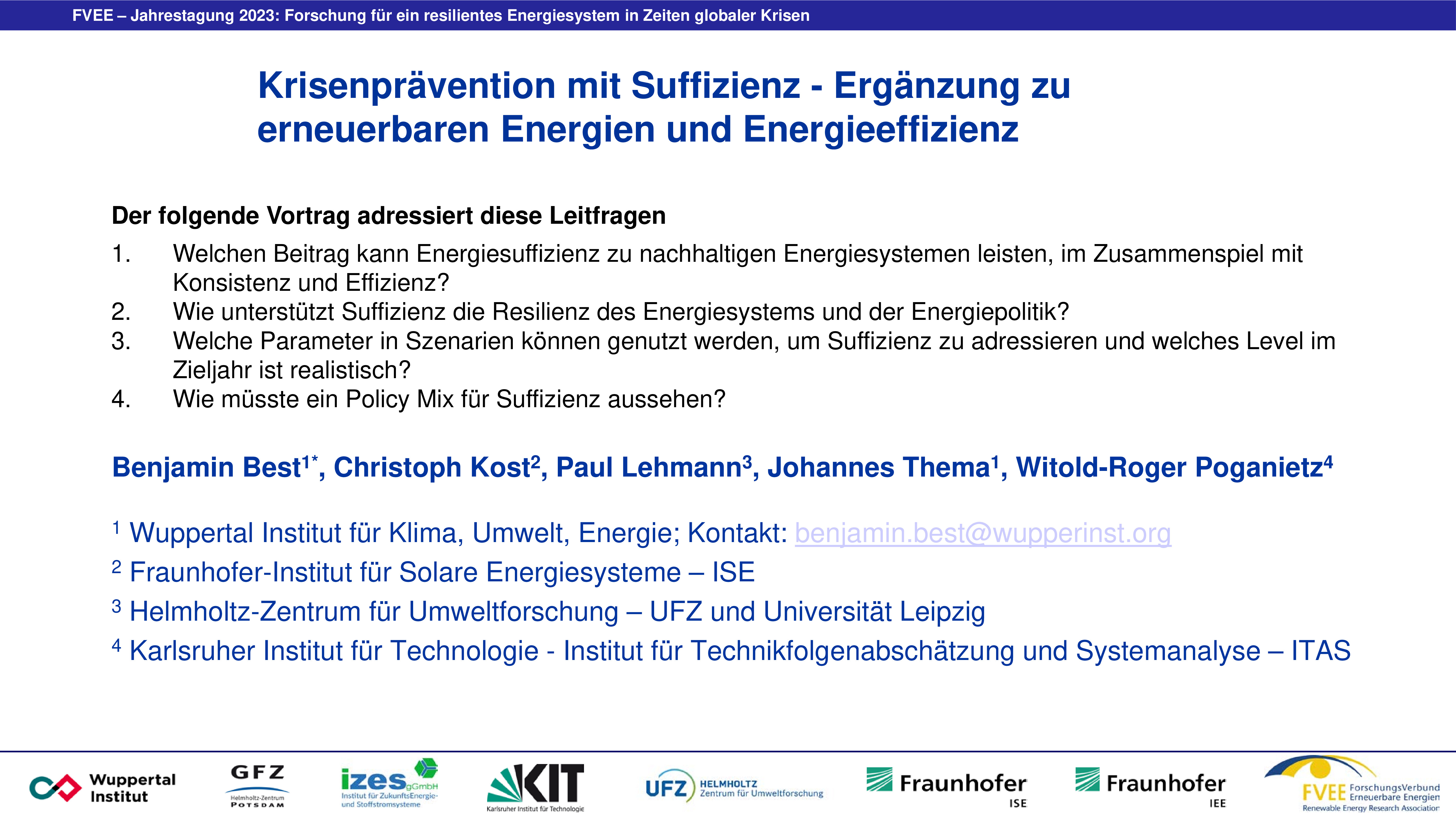 Krisenprävention mit Suffizienz - Ergänzung zu erneuerbaren Energien und Energieeffizienz (Best - Wuppertal Institut)